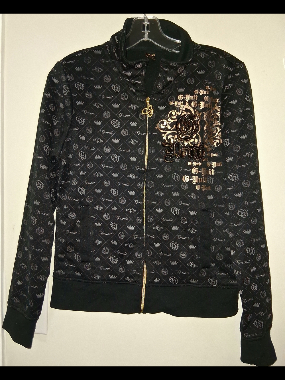 Black Bomber Jacket with Metallic Gold Crest Detail